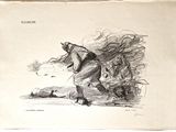 un vieux dessin représentant un homme avec un cheval et un chien