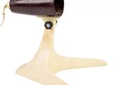 an image of a wooden table lamp with a brown shade on it