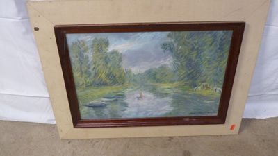 a painting of a boat on a river with trees in the background