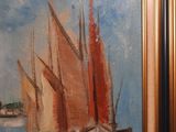 an oil painting of a sailboat on a body of water with a city in the background