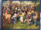 un tableau représentant une foule de personnes en train de danser dans un parc