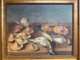 painting of a still life of a dead bird and a glass of wine