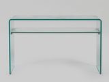 a clear glass console table with a glass shelf underneath it