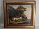 an oil painting of horses in a stable with a barn in the background