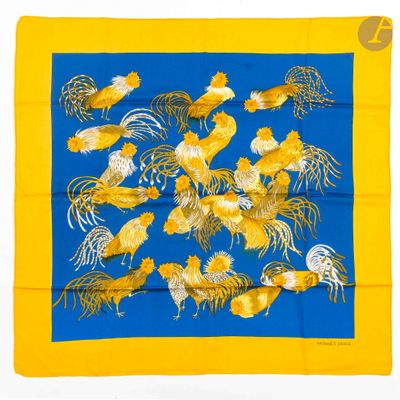 yellow and blue scarf with a flock of chickens on a blue background