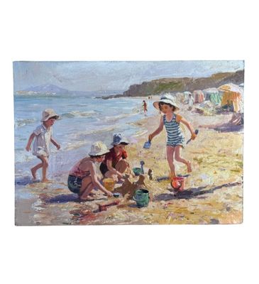 un tableau représentant un groupe d'enfants jouant sur la plage