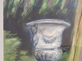 painting of a white vase sitting on top of a table next to a tree