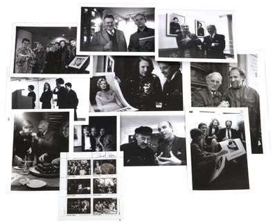 several black and white photos of people in a room with pictures on the wall
