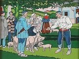 un tableau représentant un homme serrant la main d'un groupe de personnes
