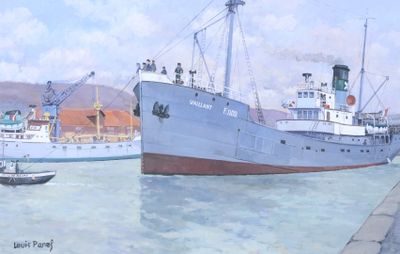 une peinture représentant un bateau dans l'eau, près d'un quai