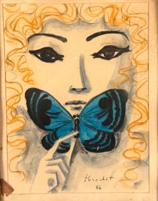 François BROCHET, Jeune femme au papillon bleu, crayon, past… - Photo 1