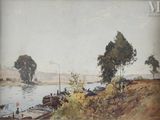 une peinture représentant un bateau sur l'eau avec des personnes à bord
