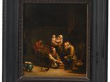 an oil painting of a family gathering in a barn by a fire