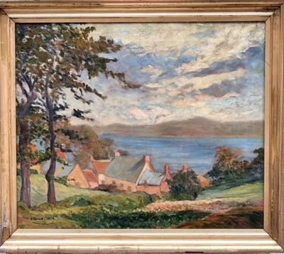 une image représentant un tableau représentant une ferme au bord de l'eau