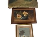 trois tableaux encadrés représentant un paysage et un tableau représentant une maison