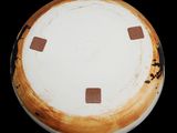 a white plate with brown spots on it on a black background