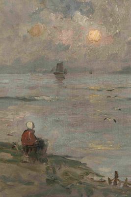 un tableau représentant un homme assis sur un banc au bord de l'eau