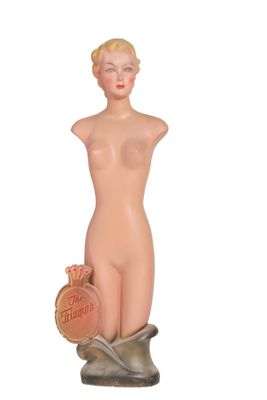 a statue of a woman holding a beer bottle and a barrel