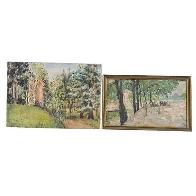 two paintings of trees and a bench in a park