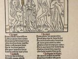 an old book with a drawing of a woman holding a sword