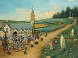 a painting of a group of people outside of a church