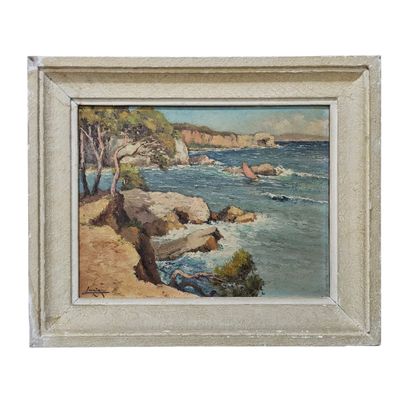 an oil painting of a beach scene with rocks and a body of water
