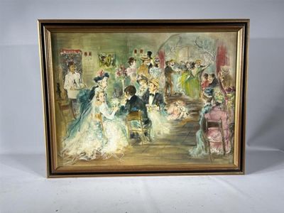 an oil painting of a group of people dancing in a ballroom