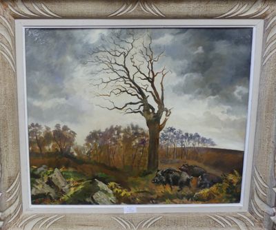 une peinture à l'huile représentant un arbre nu dans un champ, avec deux vaches