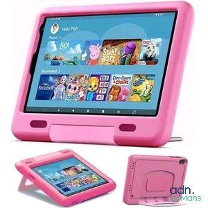 the tablet is pink and has a built - in screen and keyboard