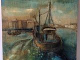 an oil painting of a boat in a body of water
