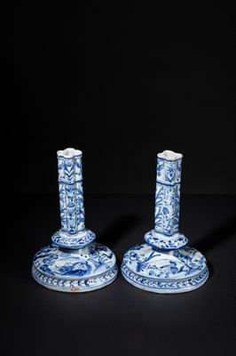 pair of chinese blue and white candlesticks
