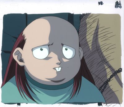 dessin de bande dessinée représentant une femme aux cheveux roux et au crâne rasé