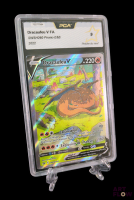 a pokemon card in a plastic holder on a black background