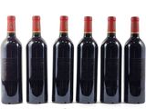six bottles of red wine lined up in a row on a white surface
