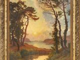 un tableau représentant un paysage avec des arbres et de l'eau