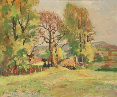une image représentant un tableau montrant un champ avec des arbres et une vache