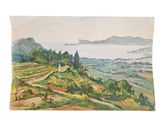 une aquarelle représentant un paysage avec des collines et des arbres
