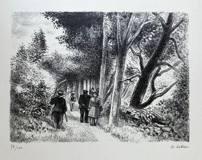 dessin au crayon représentant un groupe de personnes marchant sur un sentier dans les bois