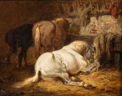 painting of two horses in a stable with a cow in the background