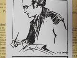 an image of a drawing of a man writing on a piece of paper