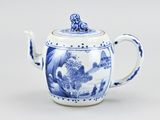 an image of a blue and white teapot with a lid