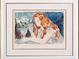 aquarelle encadrée représentant une femme tenant un vase de fleurs