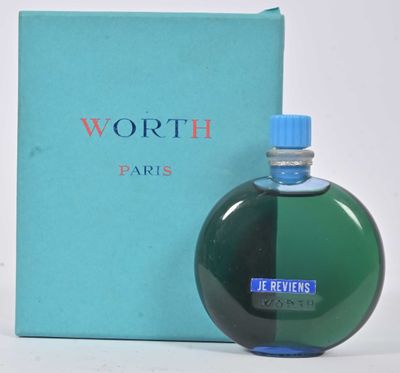 un flacon de parfum bleu et vert à côté d'une boîte bleue