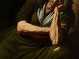 painting of an old woman leaning against a tree with her hand on her chin