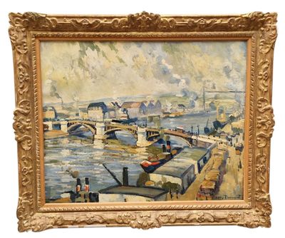 tableau représentant une vue d'un port avec des bateaux et des bâtiments