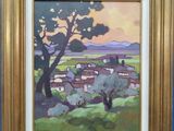une peinture à l'huile représentant un paysage avec des arbres et des maisons