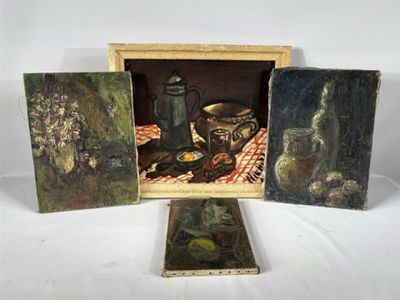 painting of a still life of a teapot, a teapot, a teapot, and a plate of fruit on a table