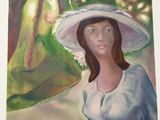 painting of a woman in a white hat with a bell hanging from a tree