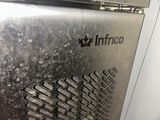 a close up of a metal door with a logo on it