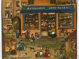 tableau représentant une scène de rue avec des personnes et un chien devant un magasin